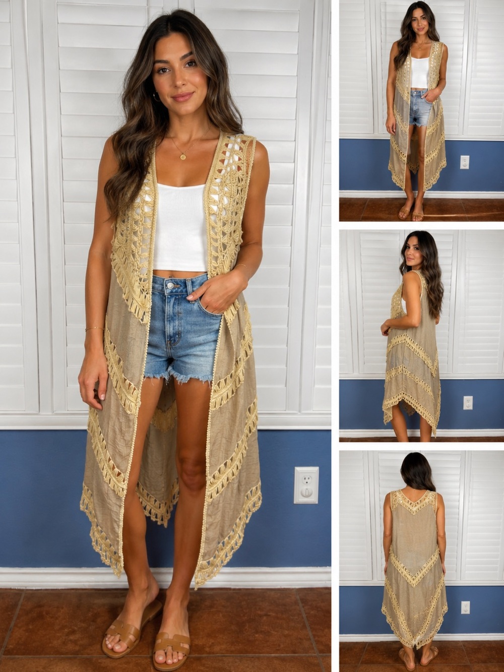 Umgee Boho festival Duster Vest Crochet Lace open Maxi Kimono size XL coastal